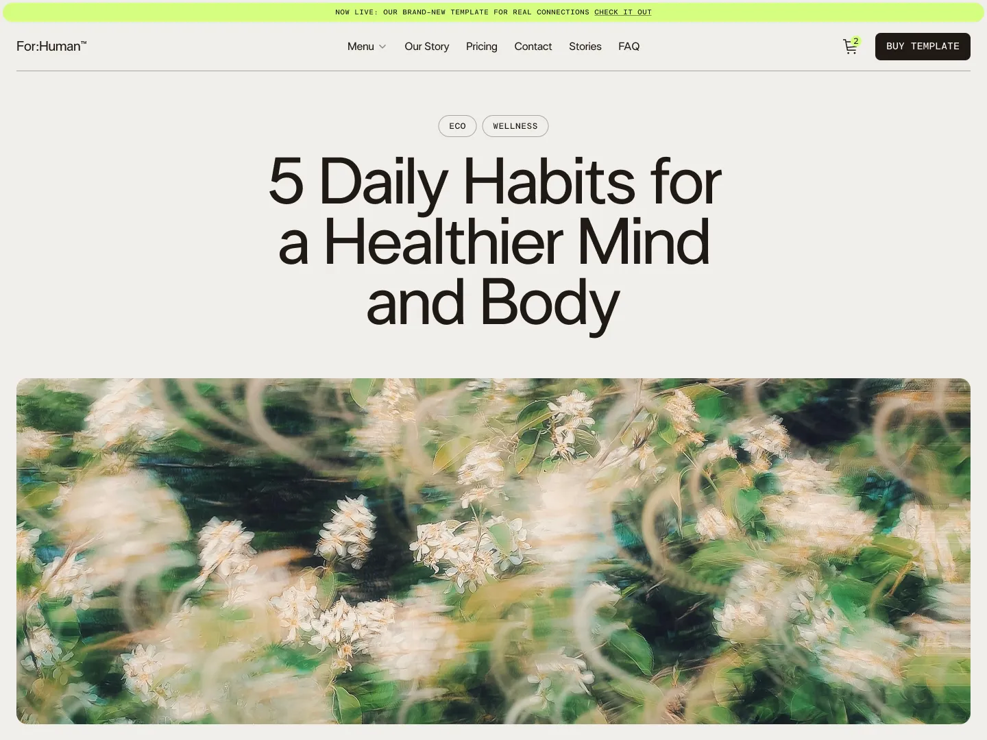 Website header displaying the title '5 Daily Habits for a Healthier Mind and Body' above a blurred image of white flowers and green leaves.