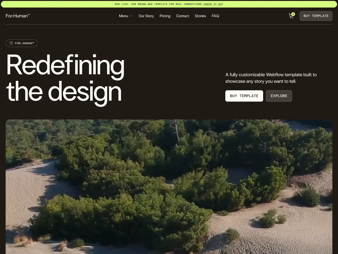 Website homepage featuring a large heading 'Redefining the design' with navigation menu and buttons above an aerial view of sandy terrain with green trees.