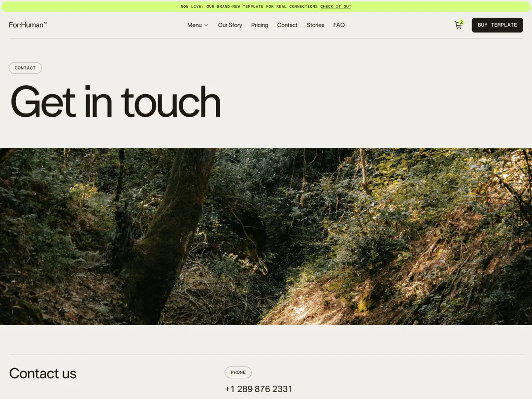 Website contact page with heading 'Get in touch', navigation menu, green sale banner, forest background image, and phone number +1 289 876 2331.