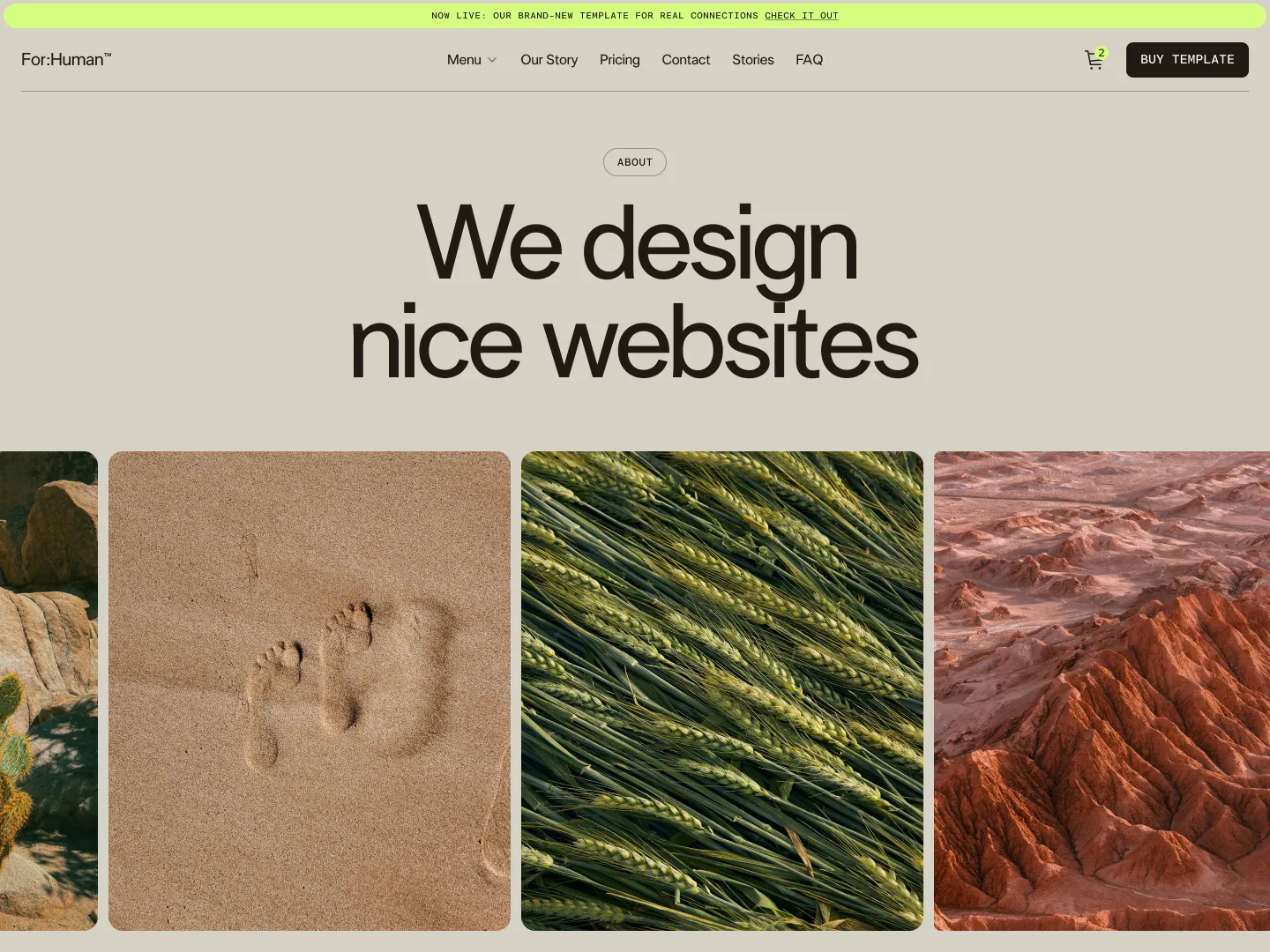 Website header with text 'We design nice websites' above four images of rocks, footprints in sand, green wheat, and red rocky terrain.
