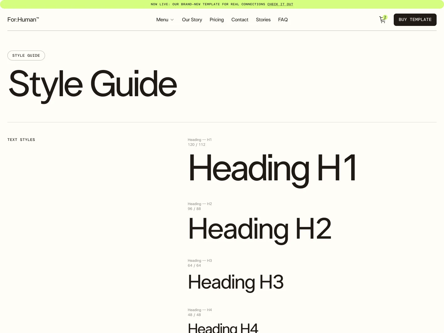 Web page style guide showing text styles with large headings labeled Heading H1 to Heading H4 in descending font sizes.