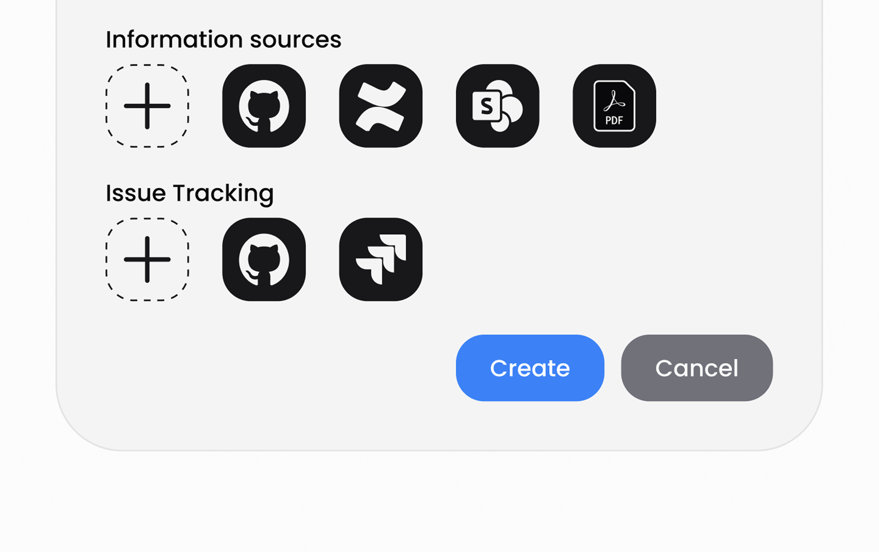 GitHub, Atlassian Confluence, Microsoft SharePoint, PDF, Atlassian Jira icons