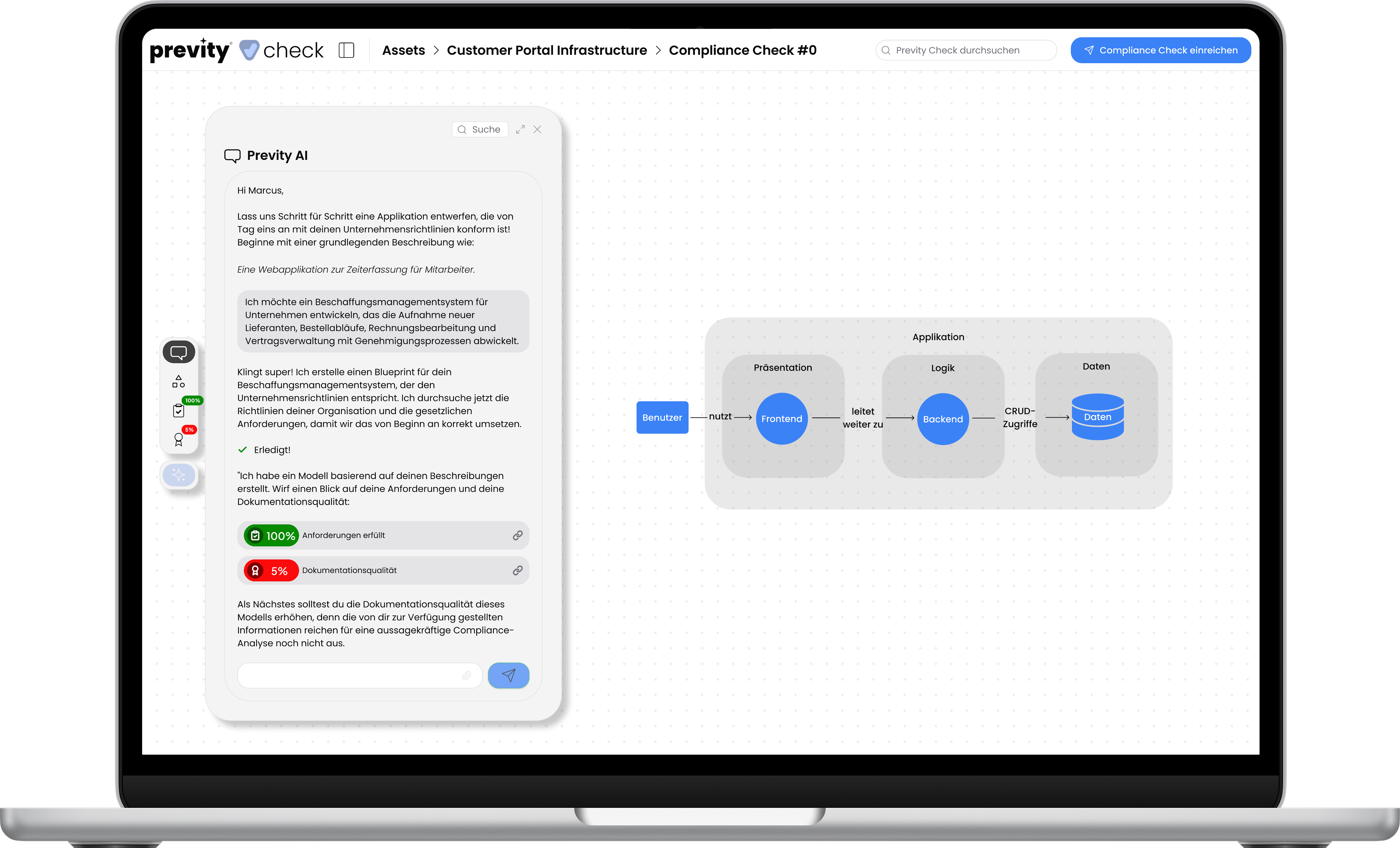 Hi Marcus, what application do you want to build today? Let’s start with some basic description such as: A customer relationship management system for tracking sales opportunities and client interactions. I want to build an enterprise procurement management system that handles vendor onboarding, purchase order workflows, invoice processing, and contract management with approval chains. Sounds great! I'll create a compliant blueprint for your procurement management system. Let me search through your organization's policies and regulatory requirements to ensure we build this right from the start. Done! I generated a model based on your descriptions. Have a look at your requirements and your documentation quality: 100% requirements fullfilled. 5% documentation quality score. Next, I would recommend to improve your documentation quality score, as the level of detail for your model is yet too low.