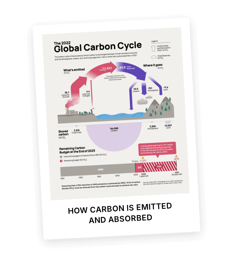 Infographic titled 'The 2022 Global Carbon Cycle' showing carbon emissions and absorption in gigatons of CO2, depicting emissions from industrial sources and land use, absorption by oceans, atmosphere, and land, stored carbon amounts, and a timeline of the remaining carbon budget to 2051 with temperature rise projections.