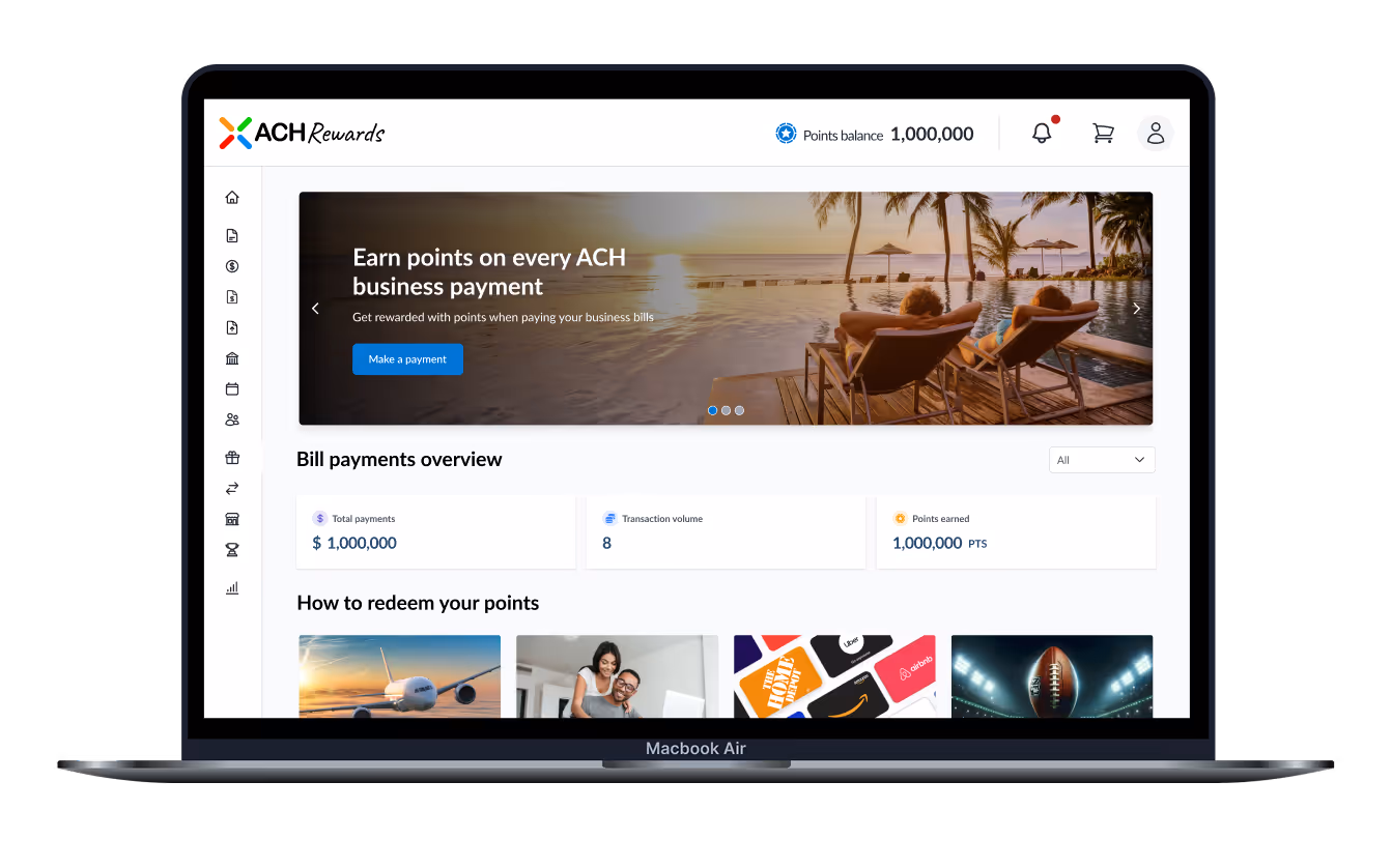 ACH Rewards dashboard on a MacBook Air showing points balance of 1,000,000 with sections for bill payments overview and how to redeem points.