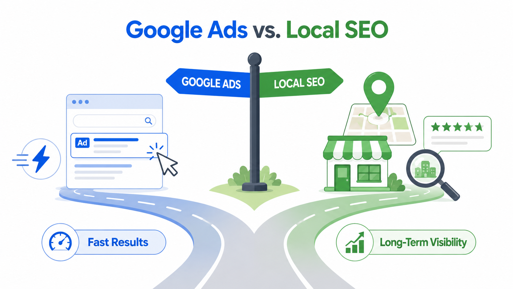 Simple comparison graphic showing Google Ads for fast results and Local SEO for long-term local visibility.