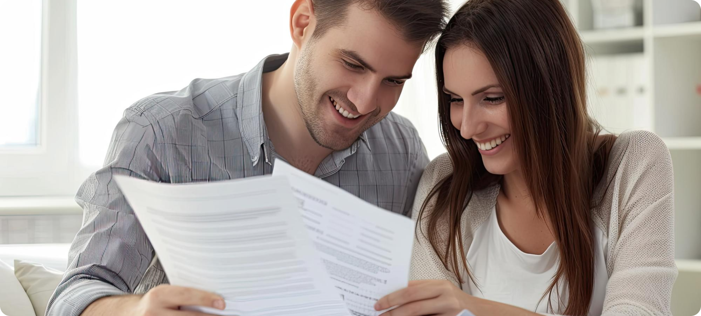 Smiling couple reviewing car loan approval documents together at a dealership.
