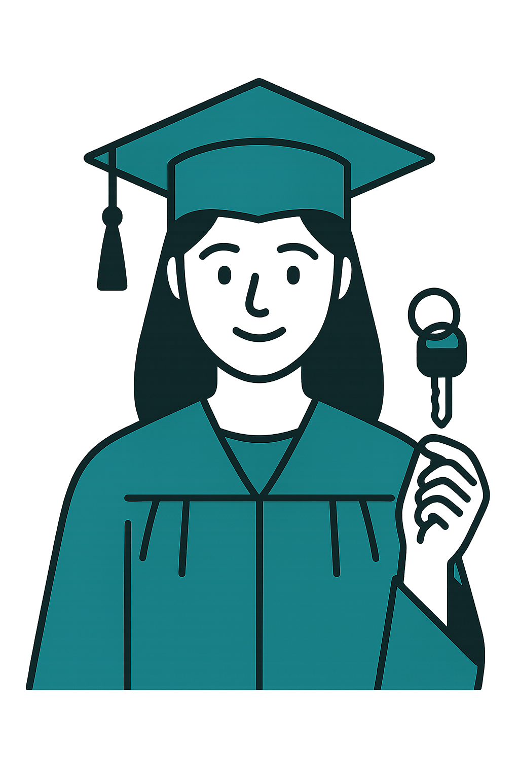 Teal line-art illustration of a young first-time car buyer wearing a graduation cap and gown, smiling and holding a car key.