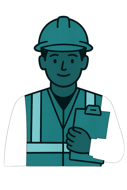 Illustration of a self-employed construction business owner wearing a hard hat and safety vest while holding paperwork.