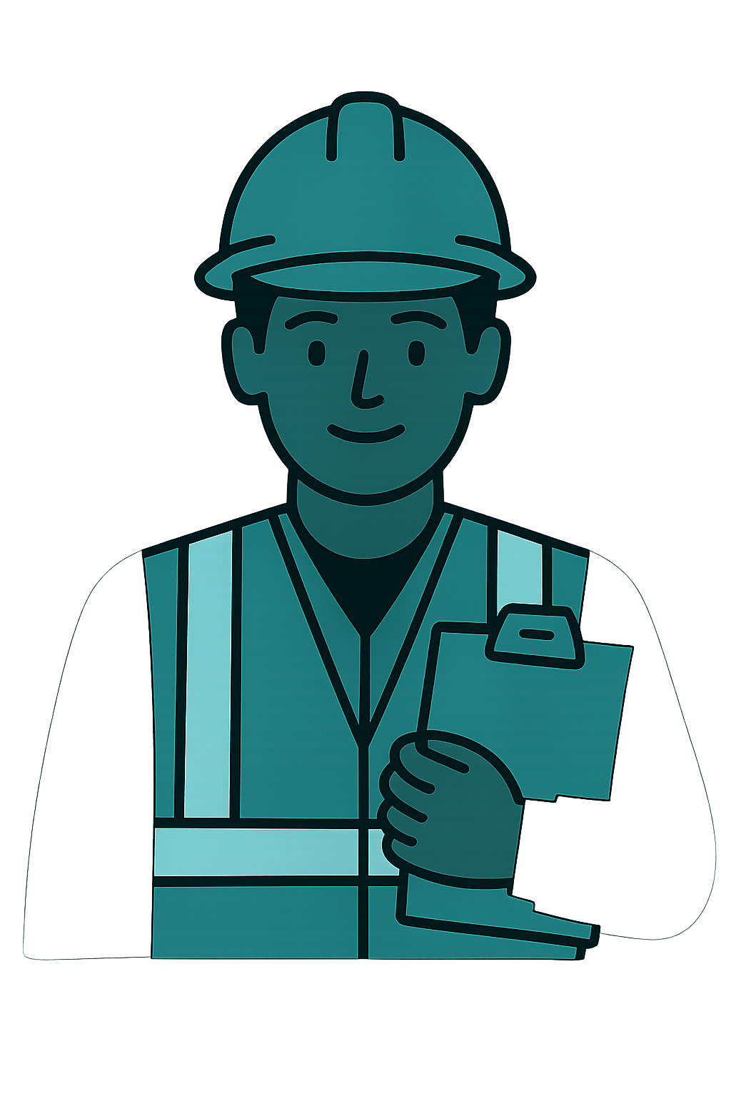 Illustration of a self-employed construction business owner wearing a hard hat and safety vest while holding paperwork.
