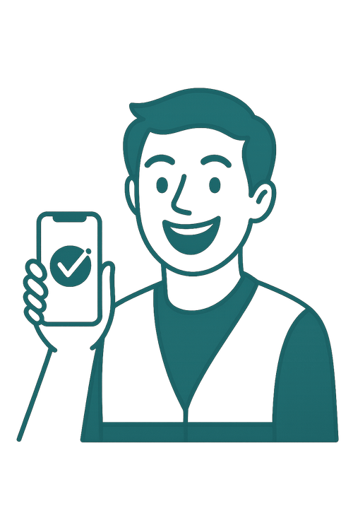 Teal illustration of a smiling man holding a smartphone with a checkmark, representing challenged credit auto loan approval.