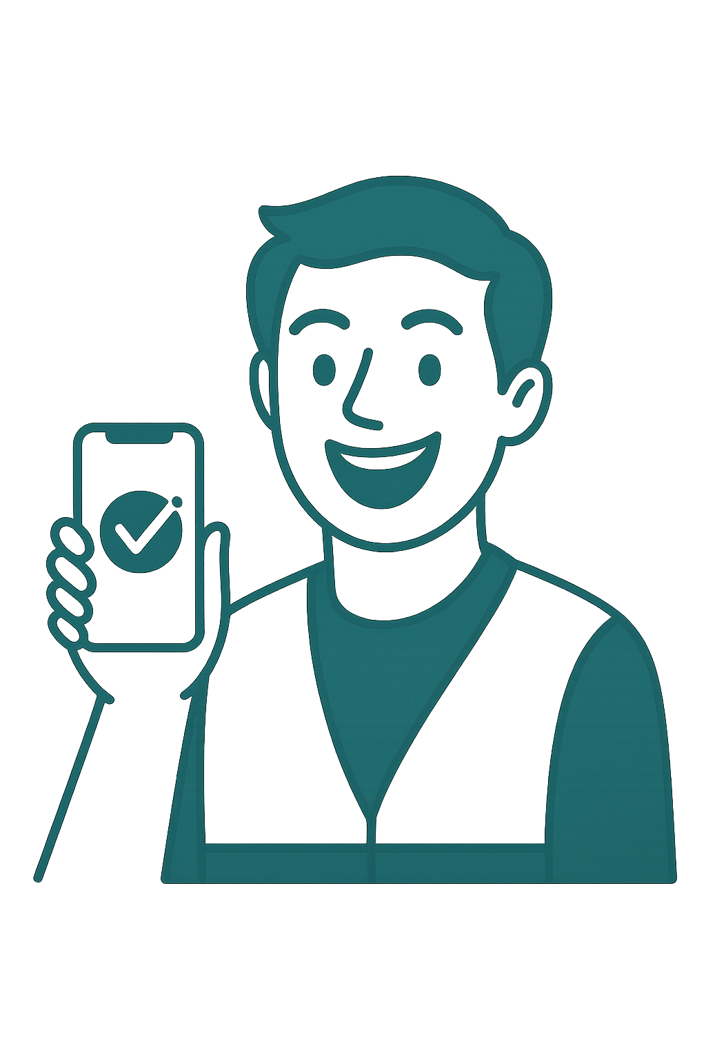 Teal illustration of a smiling man holding a smartphone with a checkmark, representing challenged credit auto loan approval.
