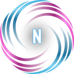 Abstract circular logo with alternating blue and purple curved strokes surrounding a black center with a white letter N.