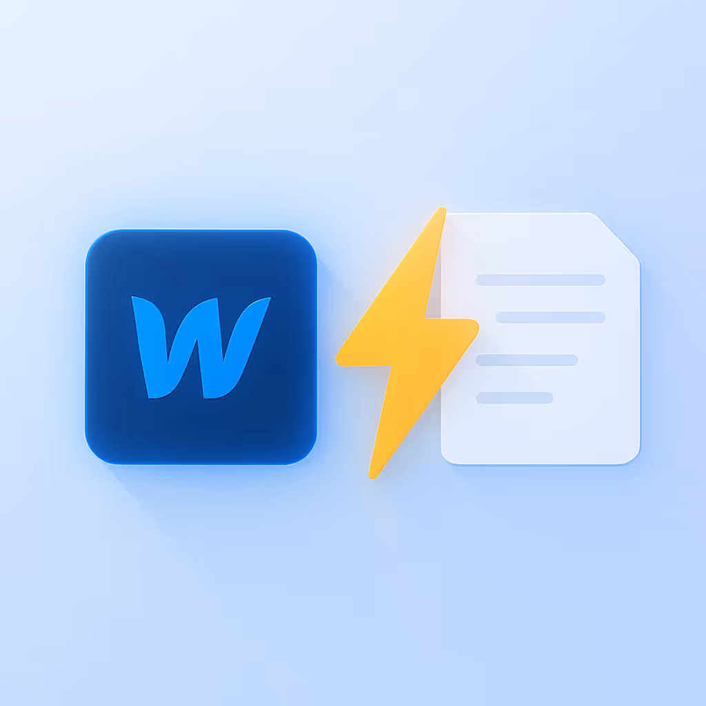 Blue square with a stylized 'W', a yellow lightning bolt, and a white document icon on a light blue background.