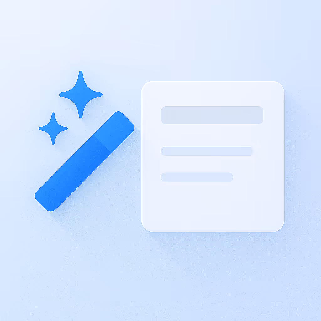 Blue magic wand icon with sparkles next to a white stylized document on a light blue background.