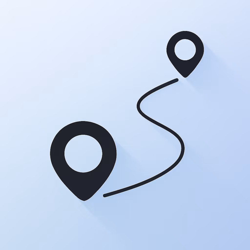 Two location markers connected by a curved path on a light blue background.