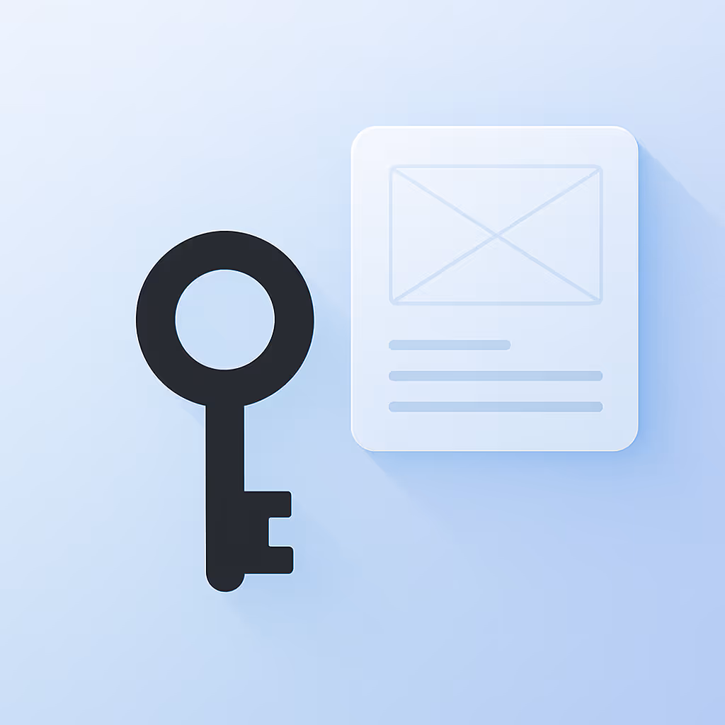 Black key icon next to a white square document icon with lines and a placeholder image on a light blue background.