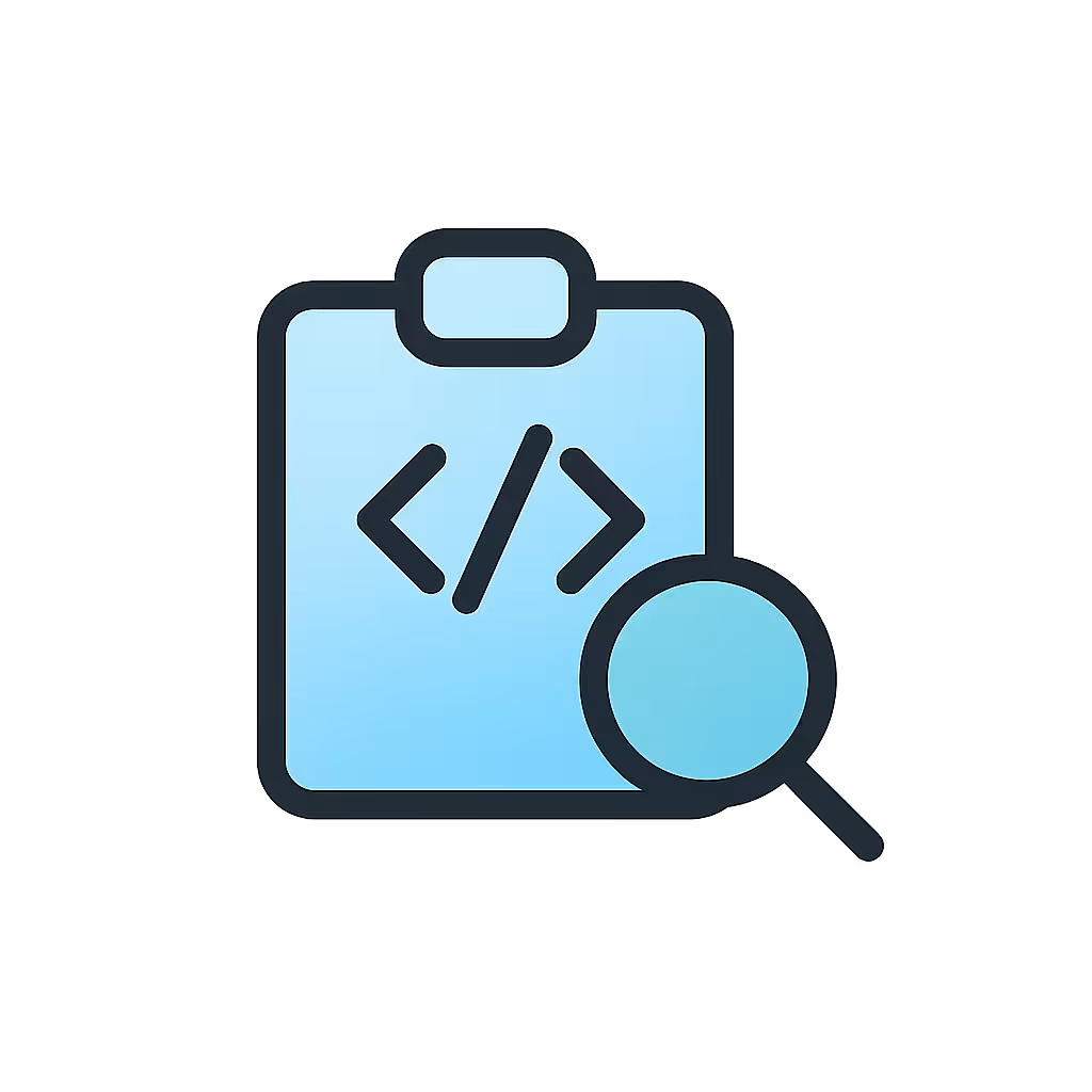 Clipboard with code brackets and a magnifying glass representing code review or inspection.