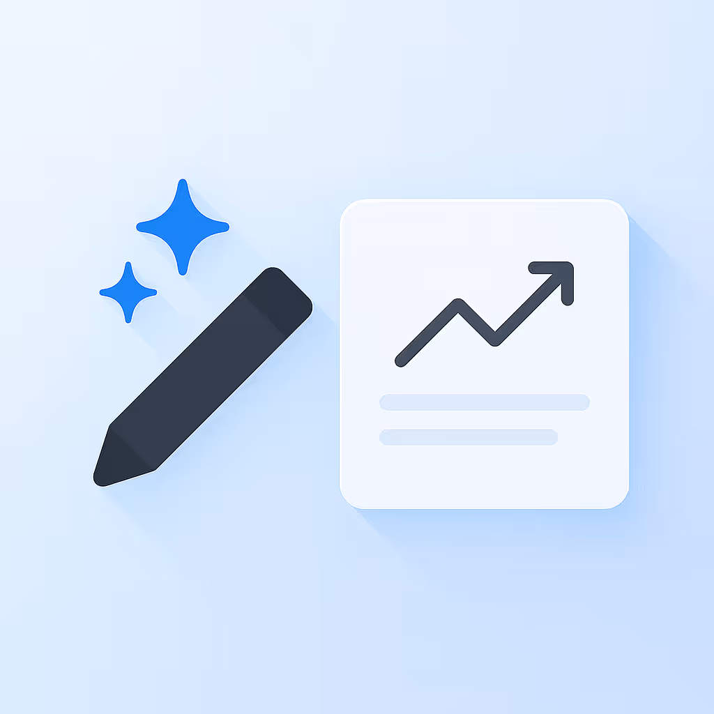 Black pencil icon with blue sparkle stars next to a white square showing an upward trending graph with two lines underneath on a light blue background.