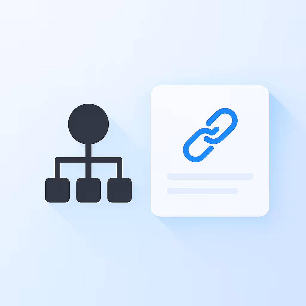 Graphic showing a black organizational chart icon next to a white square with a blue chain link symbol on a light background.