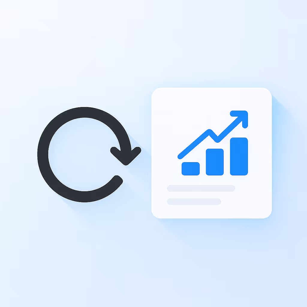 Reload icon next to a white square showing a blue rising bar chart with an upward arrow.