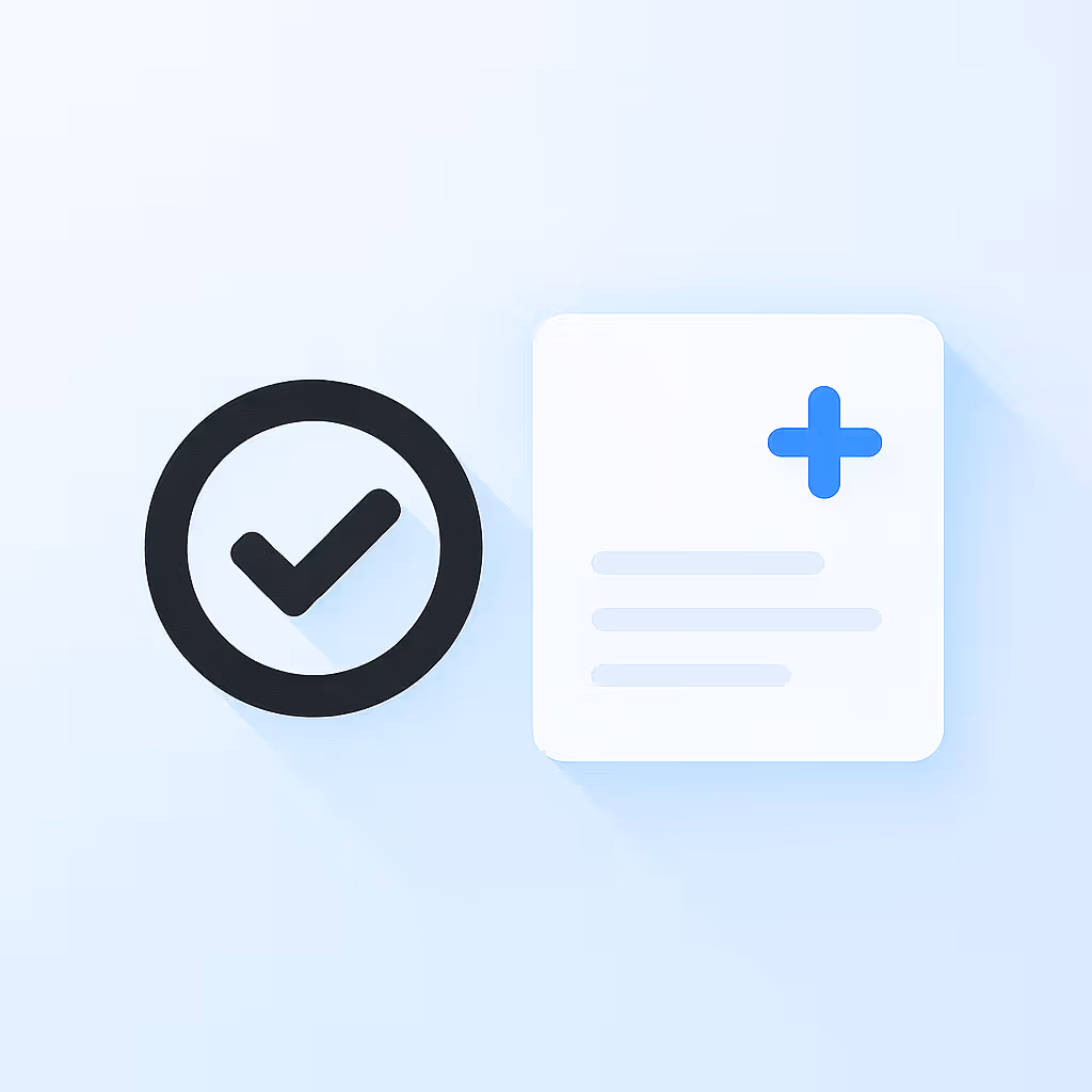 Black checkmark inside a circle next to a white square with a blue plus sign and three horizontal lines on a light blue background.