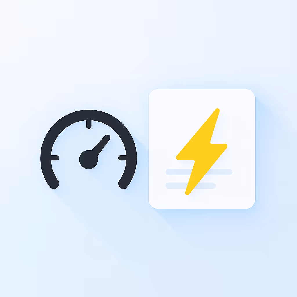 Speedometer icon next to a white square with a yellow lightning bolt symbol representing power or energy.