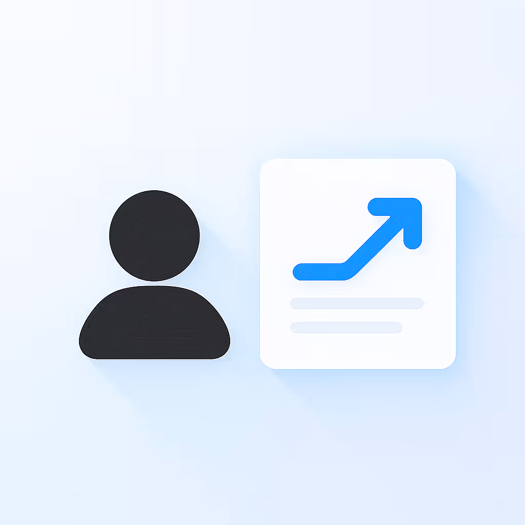 Black user profile icon next to a white square with a blue arrow trending upward and two grey lines representing text.