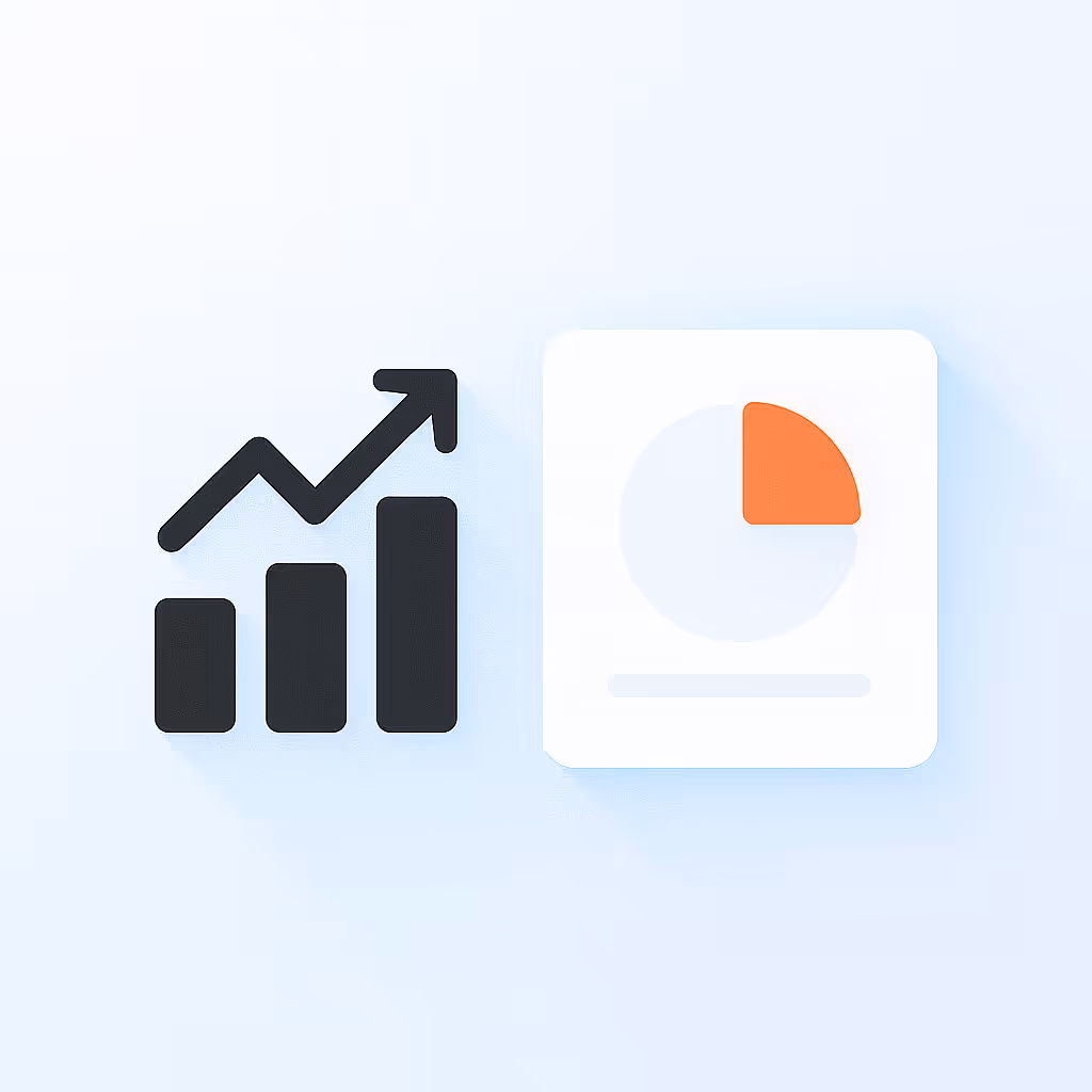 Black ascending bar chart with arrow next to white card showing a pie chart with one orange segment.