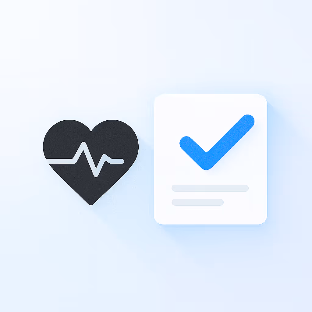 Heart icon with heartbeat line next to a white card with a blue checkmark and grey text lines on a light background.