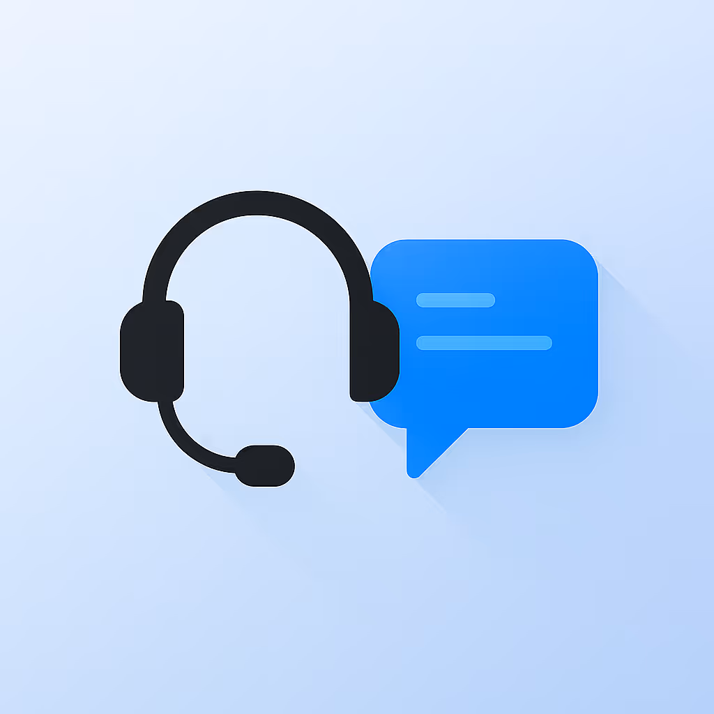 Icon of a black headset with microphone next to a blue chat bubble with horizontal lines.