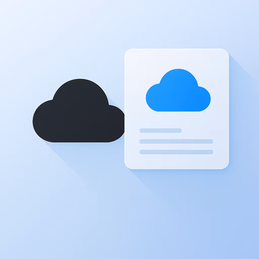 Black cloud icon beside a white card with a blue cloud icon and three horizontal lines representing text on a light blue background.