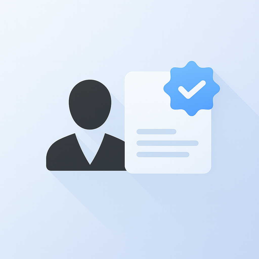Icon of a user profile silhouette next to a document with a blue verification checkmark.