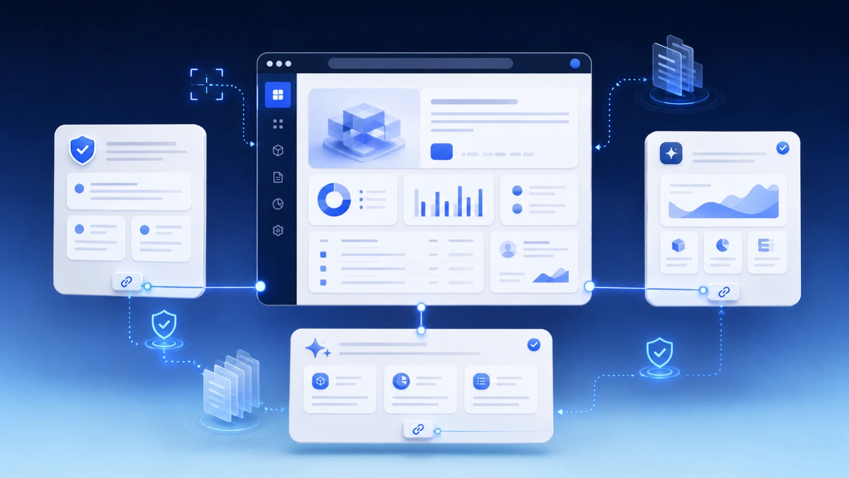 ERP company website connected to three AI answer interfaces through crawling, verification and citation signals.
