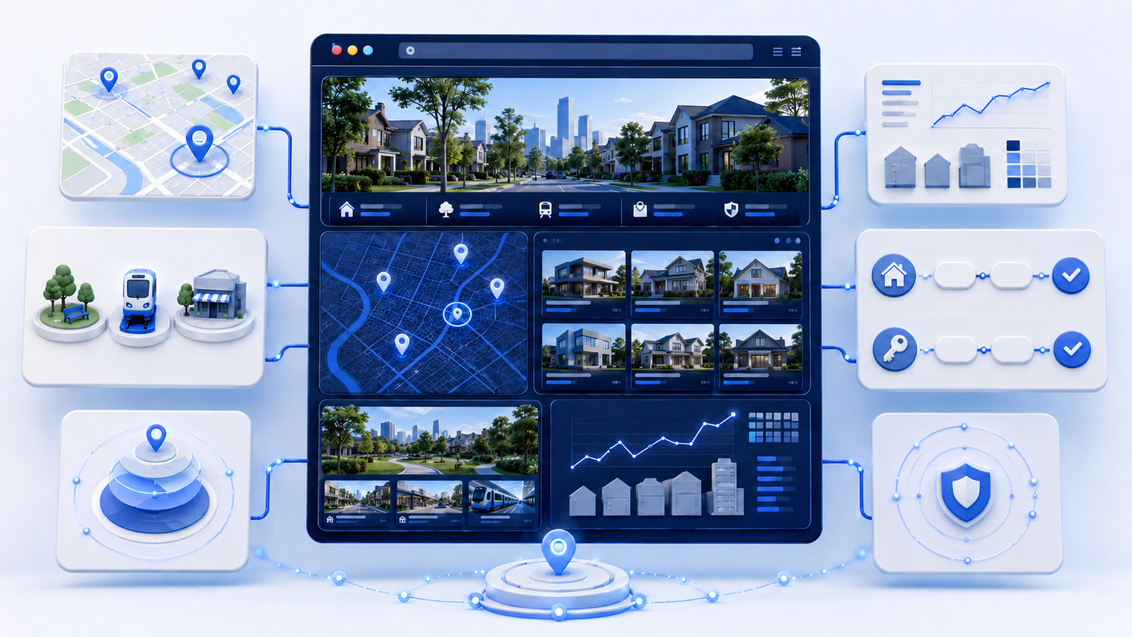 Real estate neighborhood page combining local maps, property listings, amenities, market trends and buyer and seller conversion paths.