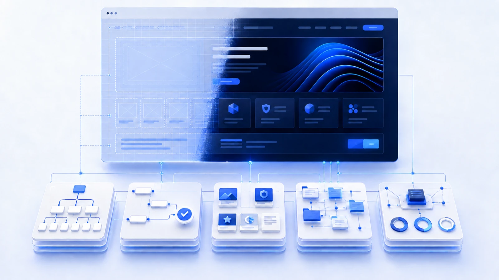 B2B website redesign progressing from blueprint to polished interface above layers for page hierarchy, conversion, proof, CMS and technical foundations.