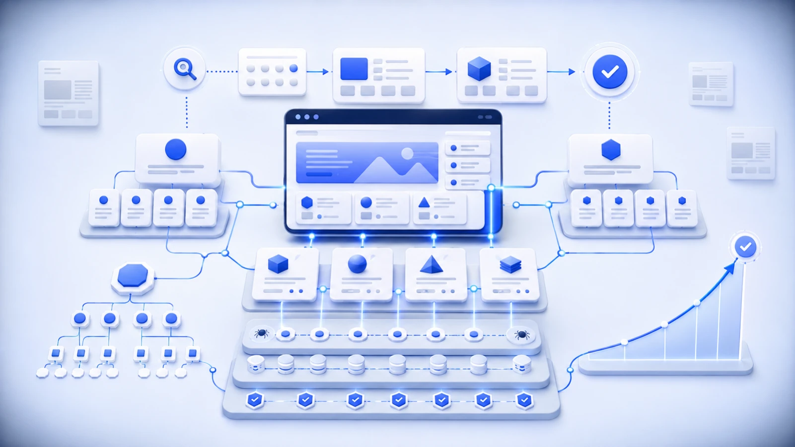 SaaS website connected to technical SEO, product pages, content clusters, internal links, keyword structure and organic conversion growth.