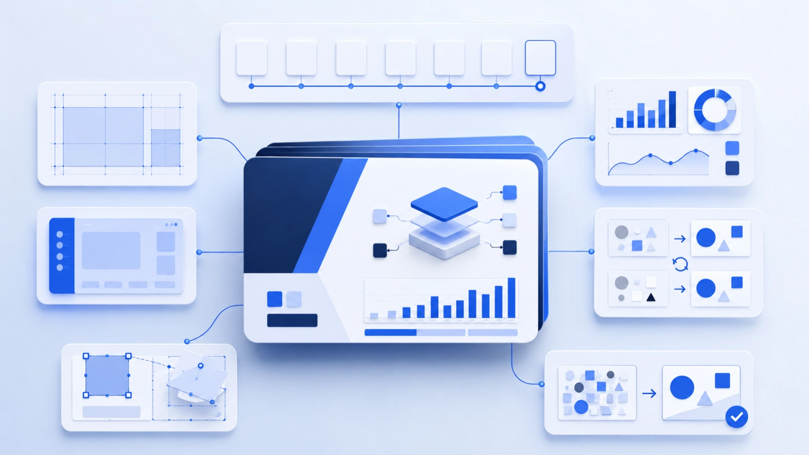 Pitch deck design system combining narrative structure, slide design, charts, product visuals, revision rounds, editable files and presentation clarity.