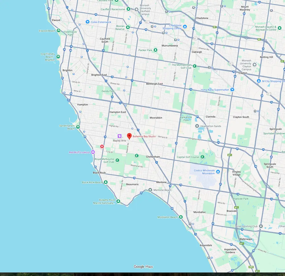 Map showing coastal suburbs of Melbourne, Australia, including Brighton, Hampton, Black Rock, Beaumaris, and Mentone with Bohemia Bay Studio marked in Cheltenham.