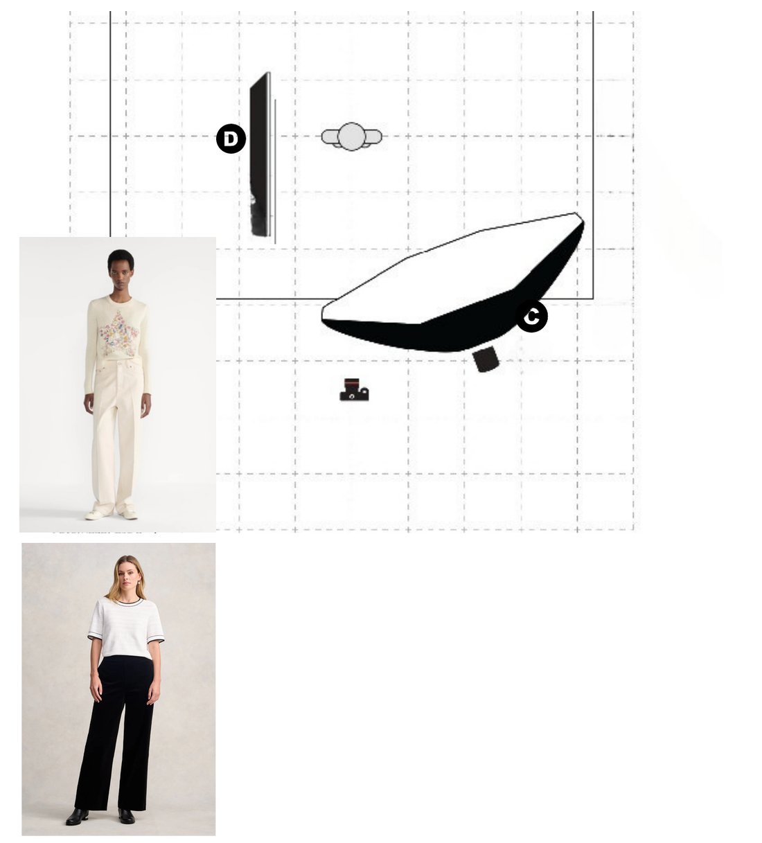 Luxury side shadow lighting map: octabox at 45 degrees to the model, white V-flat on the shadow side