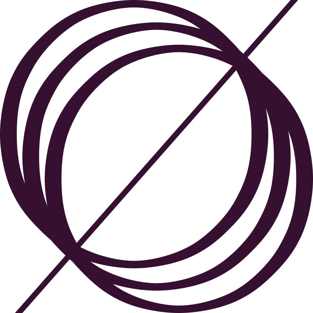 Mørk lilla abstrakt logo bestående av to overlappende sirkler og en diagonal linje gjennom midten på svart bakgrunn.
