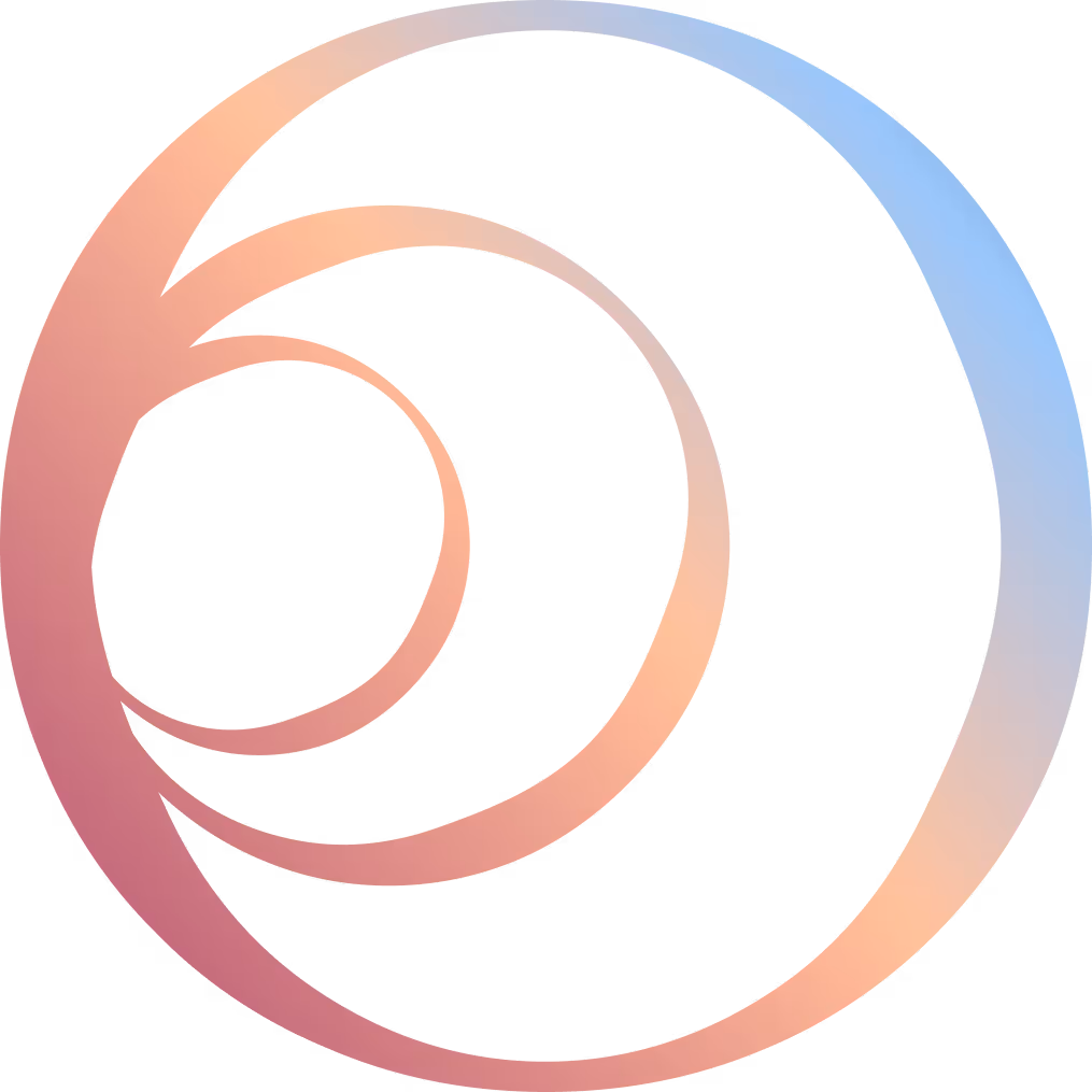 Gradient sirkelmønster med overlappende sirkler i blå, rosa og oransje toner på svart bakgrunn.