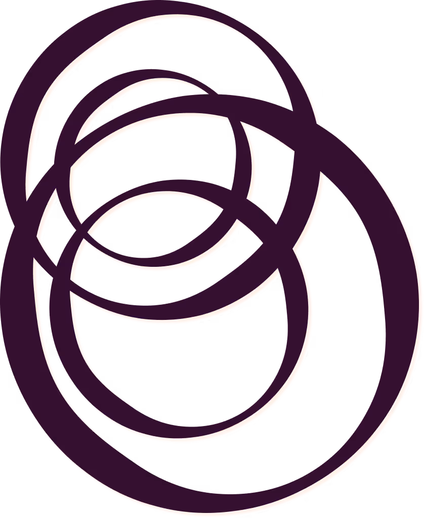 Mørke lilla sammenkoblede og overlappende sirkler på en gjennomsiktig bakgrunn som symboliserer hjerte.