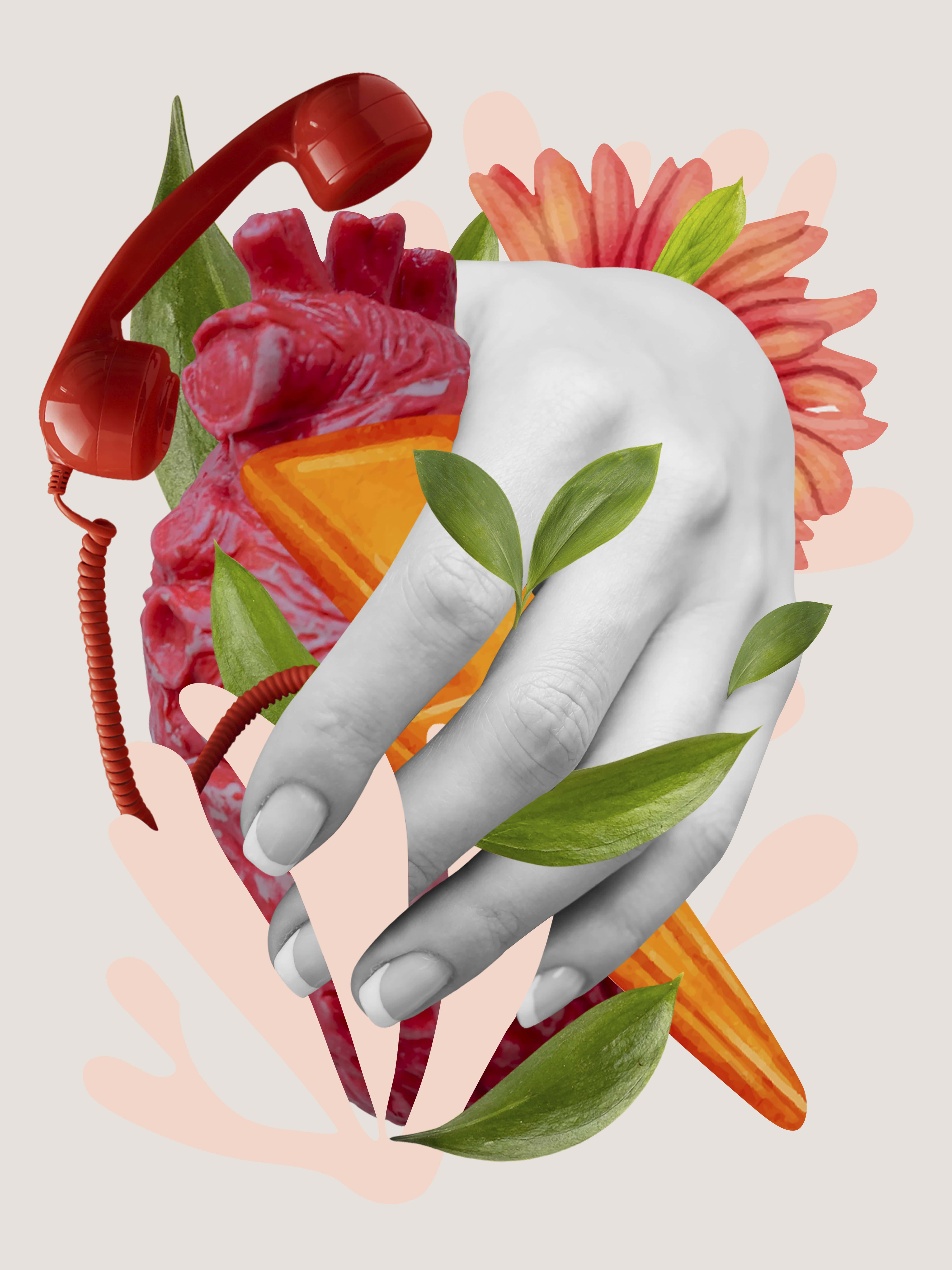 Kollasje med en svart-hvitt hånd som holder et rødt hjerteformet objekt, en rød telefonrør, grønne blader og oransje blomsterblader.