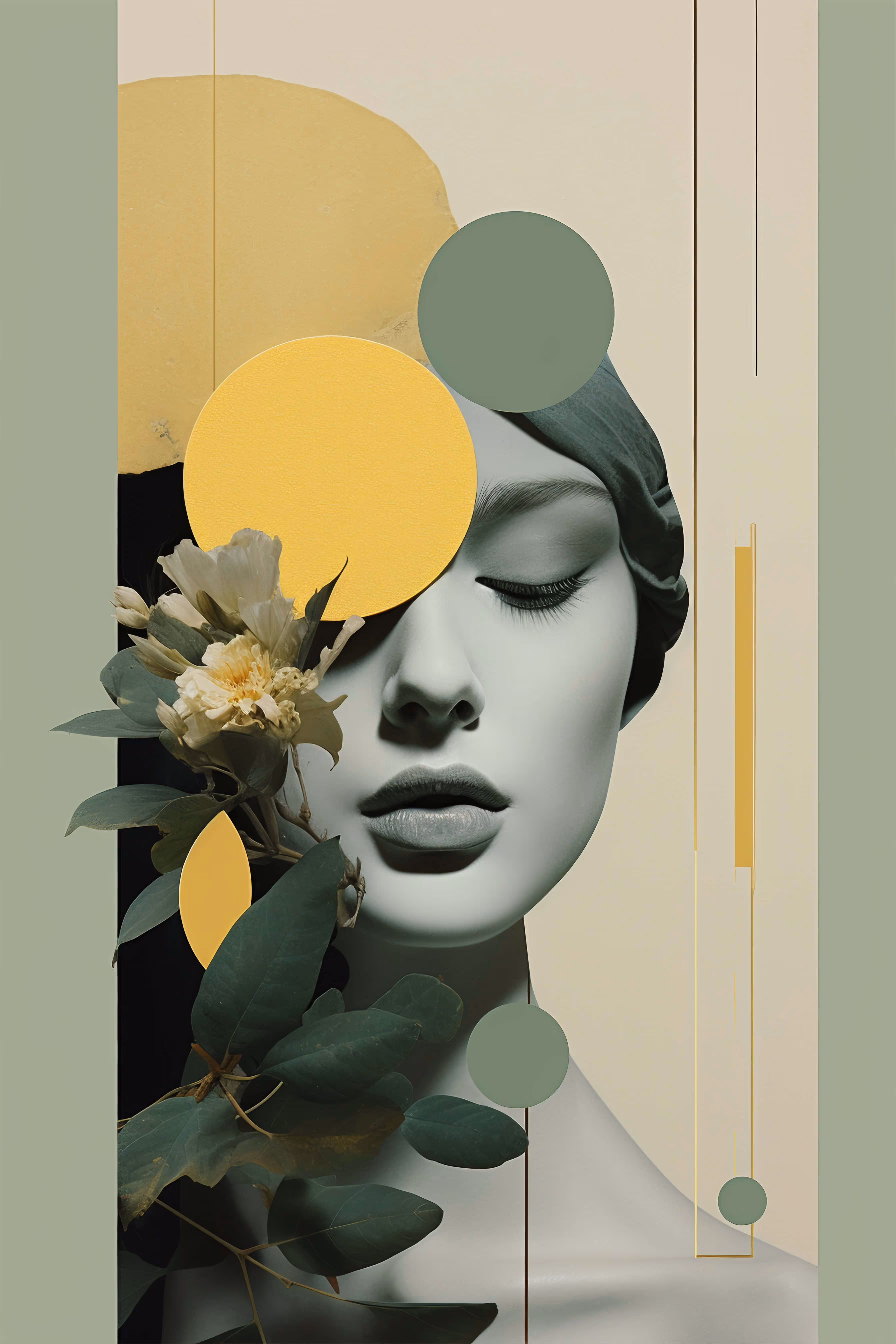 Abstrakt portrett av en kvinne med lukkede øyne, omgitt av grønne blader, gule blomster og geometriske grønn og gul sirkelgrafikk.