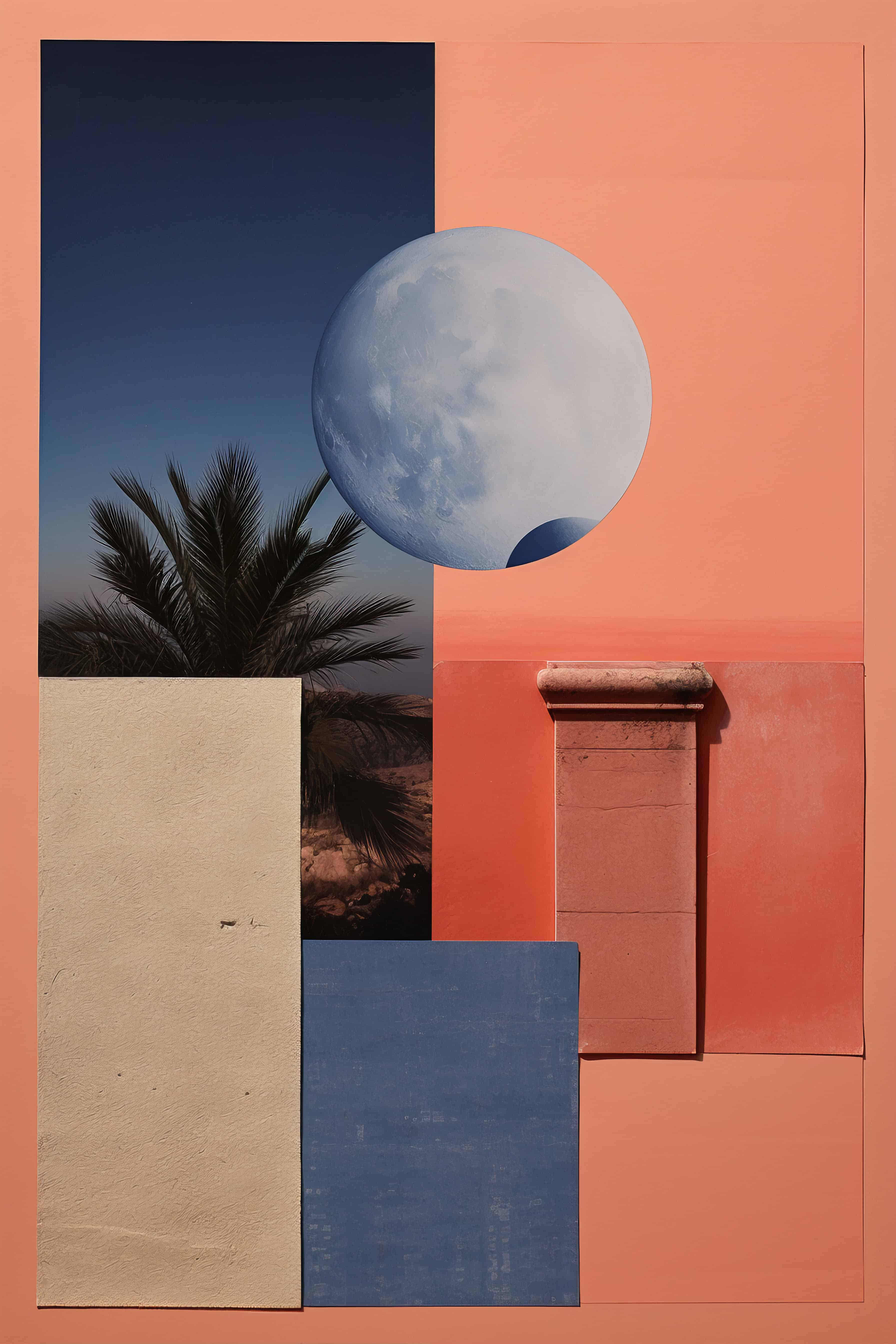 Abstrakt collage med palmeblader, fullmåne og fargeblokker i beige, blått og terrakottarødt mot en ferskenfarget bakgrunn.