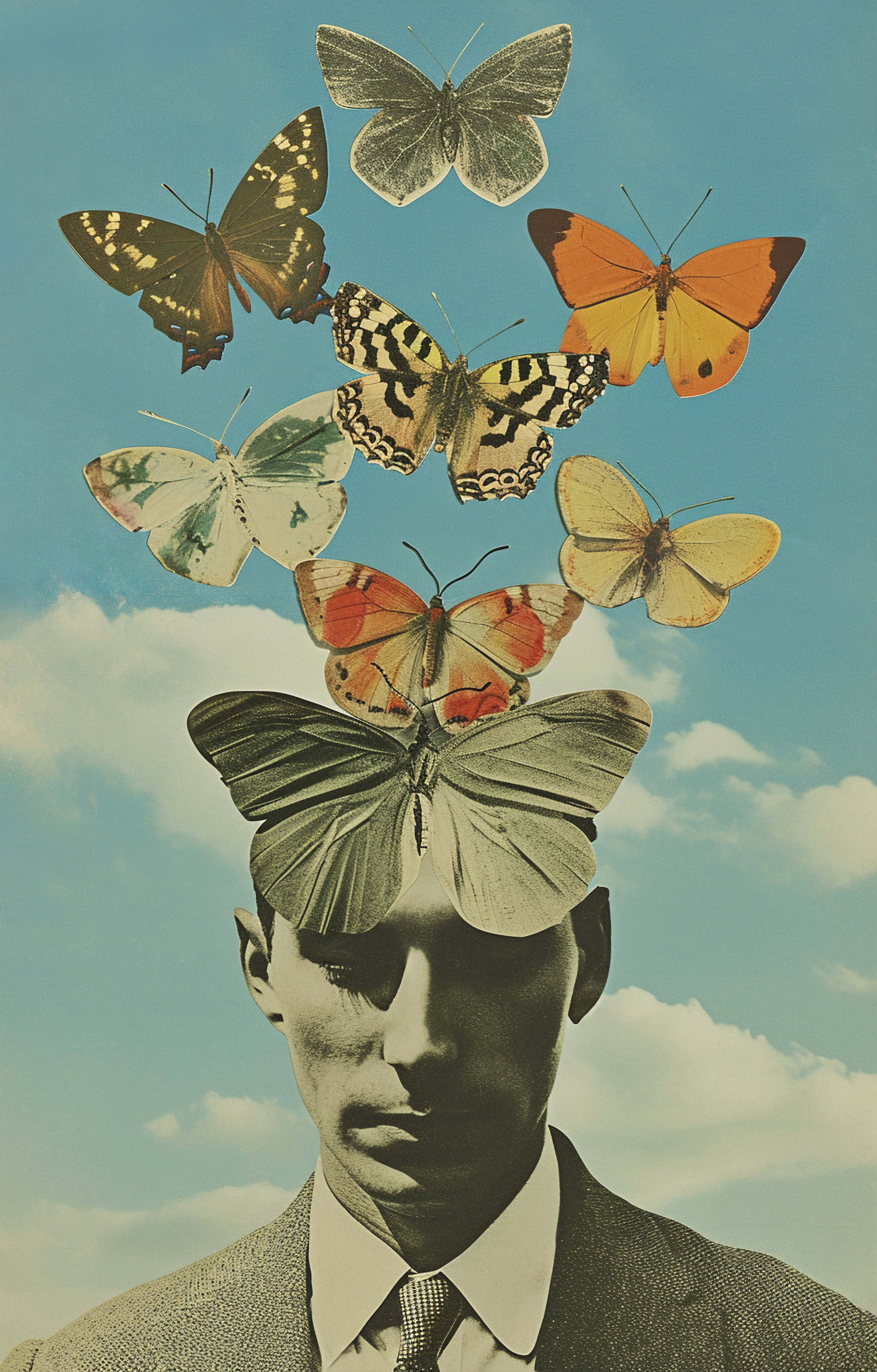Sort-hvitt portrett av en mann med lukkede øyne, og ni fargerike sommerfugler som flyr over hodet hans mot en blå himmel med skyer.