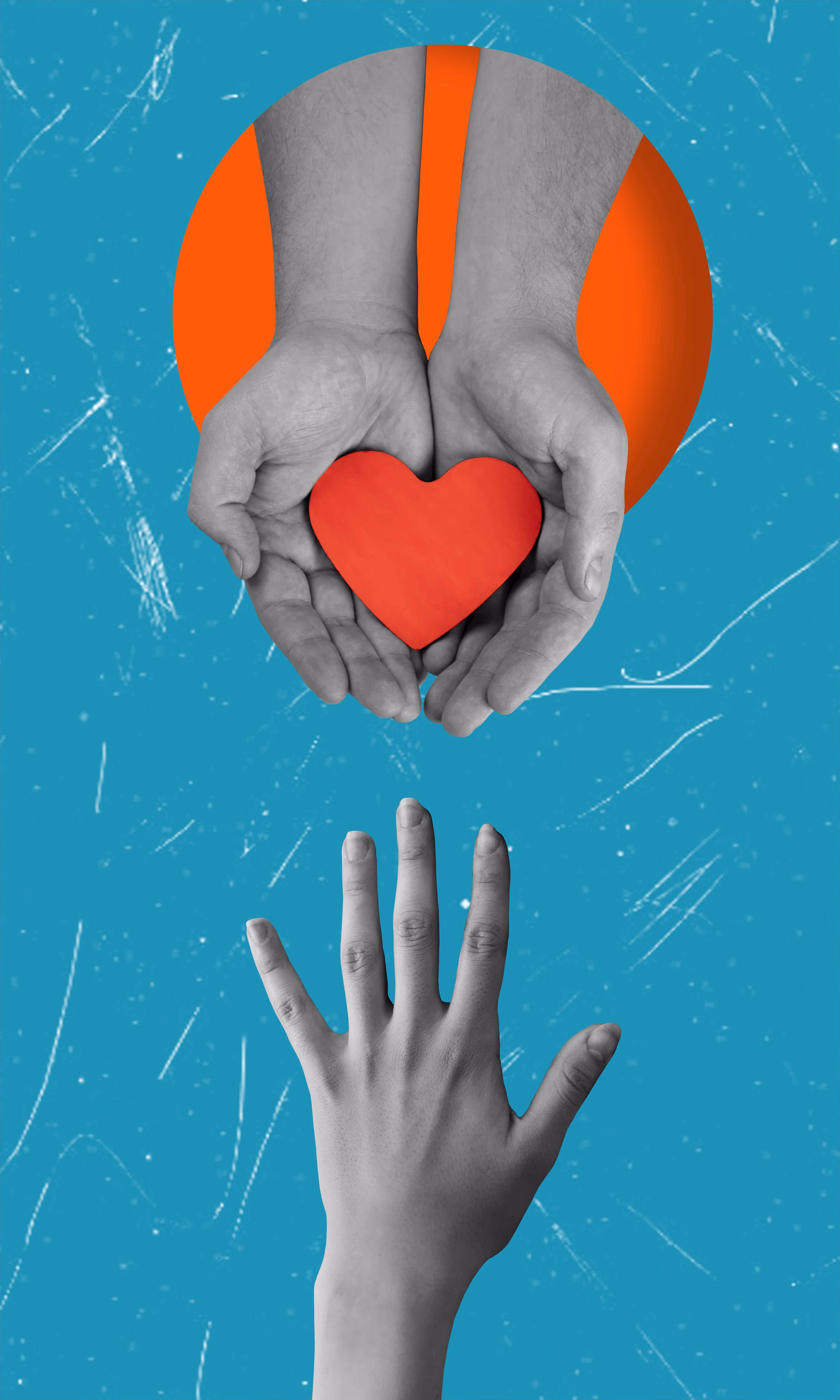 To hender holder et rødt hjerte formet objekt over en utstrakt hånd mot blå bakgrunn med oransje sirkel.