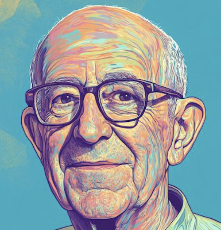 Fargerik digital portrettillustrasjon av psykolog Carl Rogers med briller og skallet hode mot blå bakgrunn.