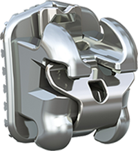 Close-up of an Empower self-ligating metal braces bracket, which holds the wire without elastic ties